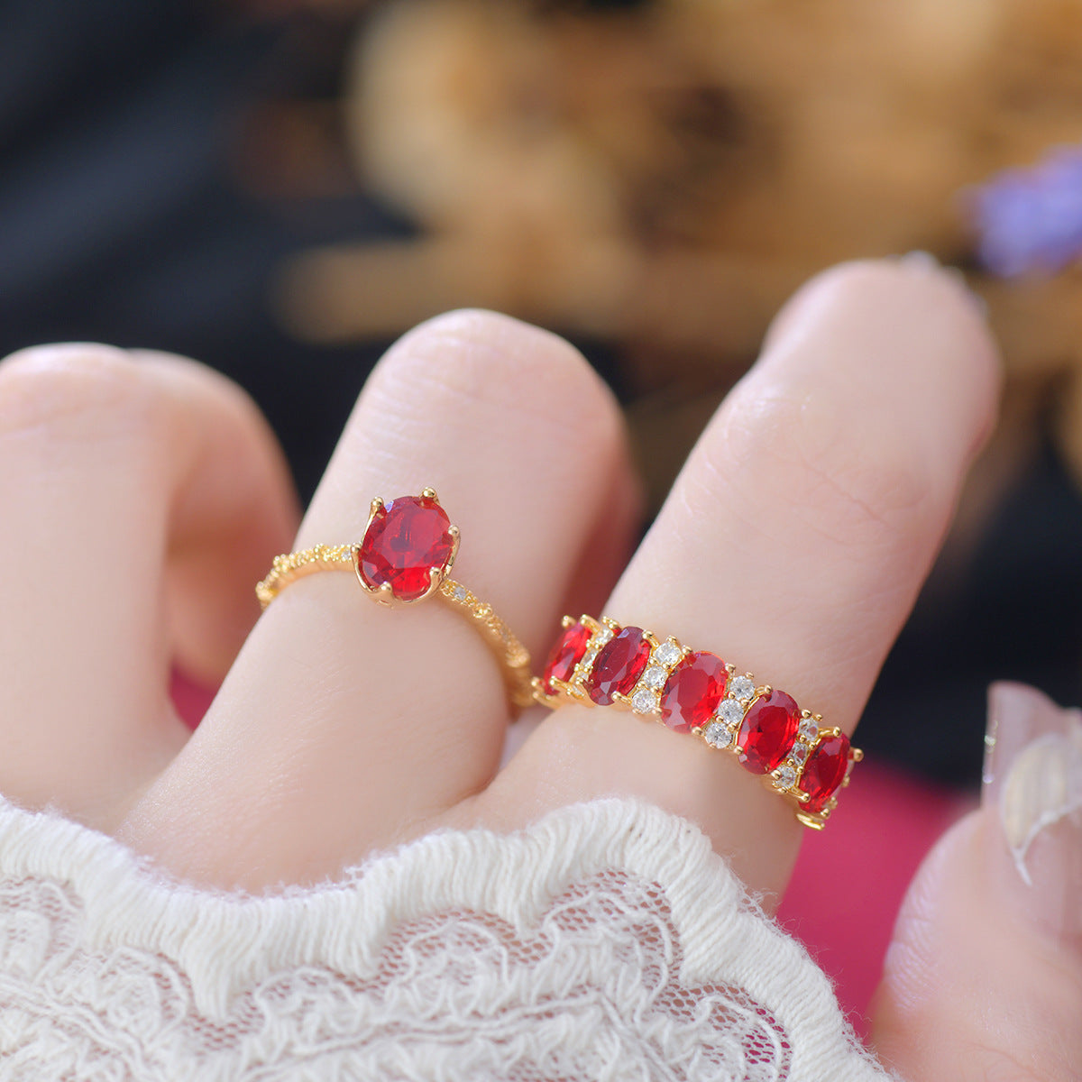 Horse-eye Olive Green Zircon Heavy Industry Stylish Open Ring Women's Red
