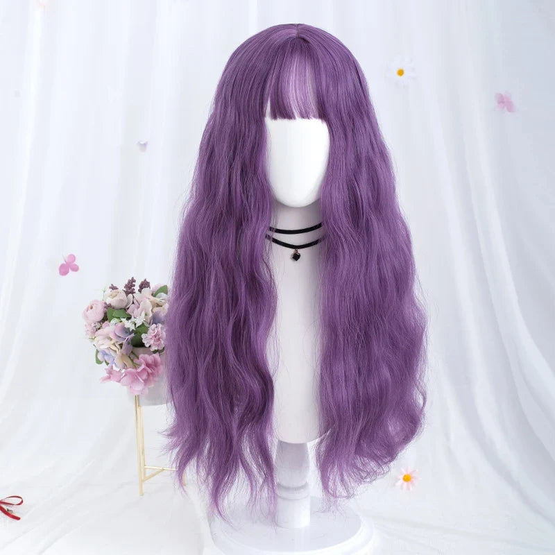 Long Wavy Synthetic Wig Deep Purple with Bangs Perfect for Daily Wear Cosplay Party Looks Fashion Fake Hair