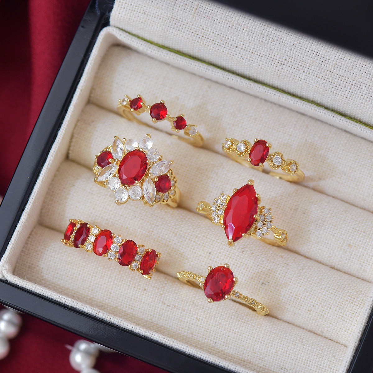 Horse-eye Olive Green Zircon Heavy Industry Stylish Open Ring Women's Red