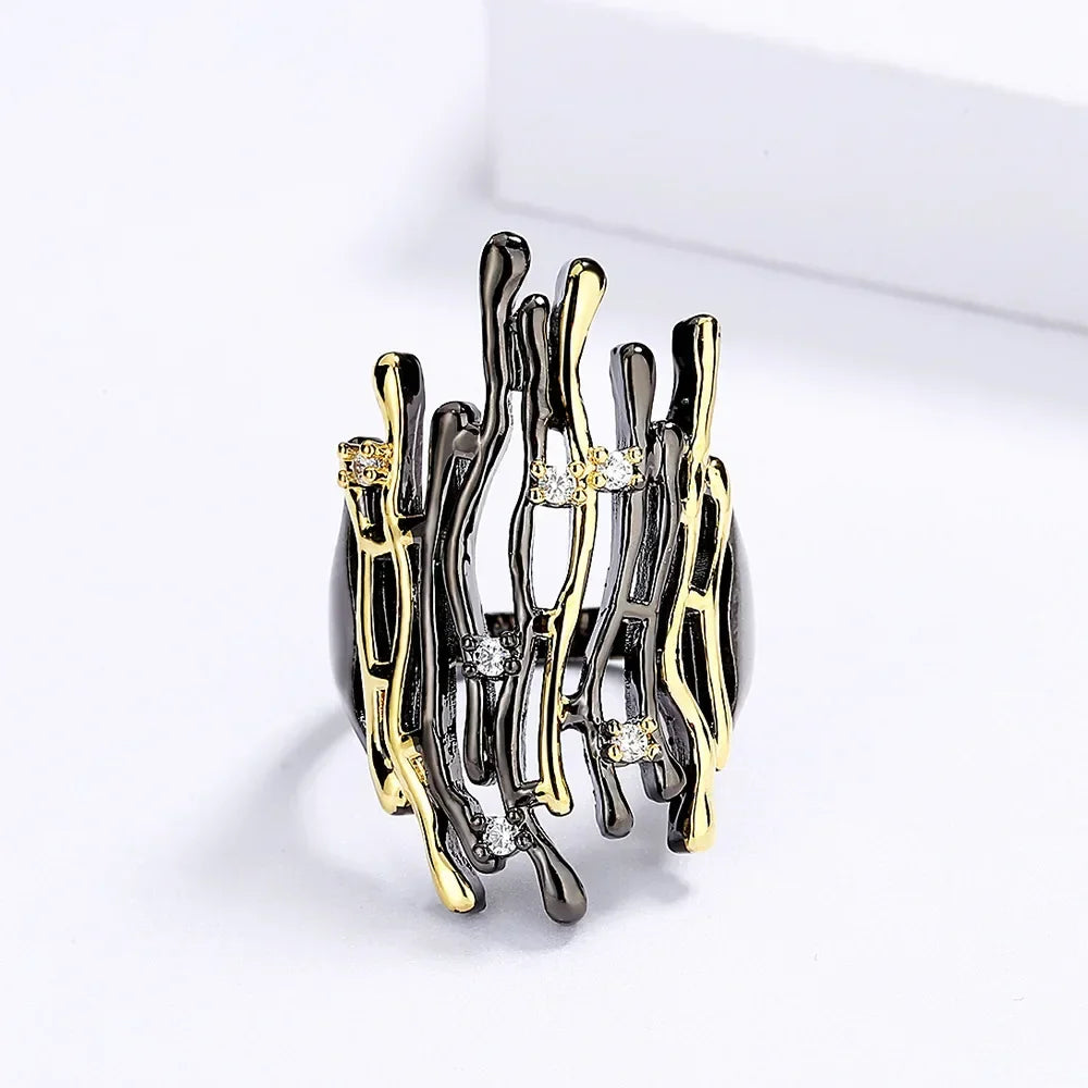 Rings for Women Geometric Hollow Irregular Branch Shape Women's Jewelry Fashion Party Gift Black Gold Color Accessories